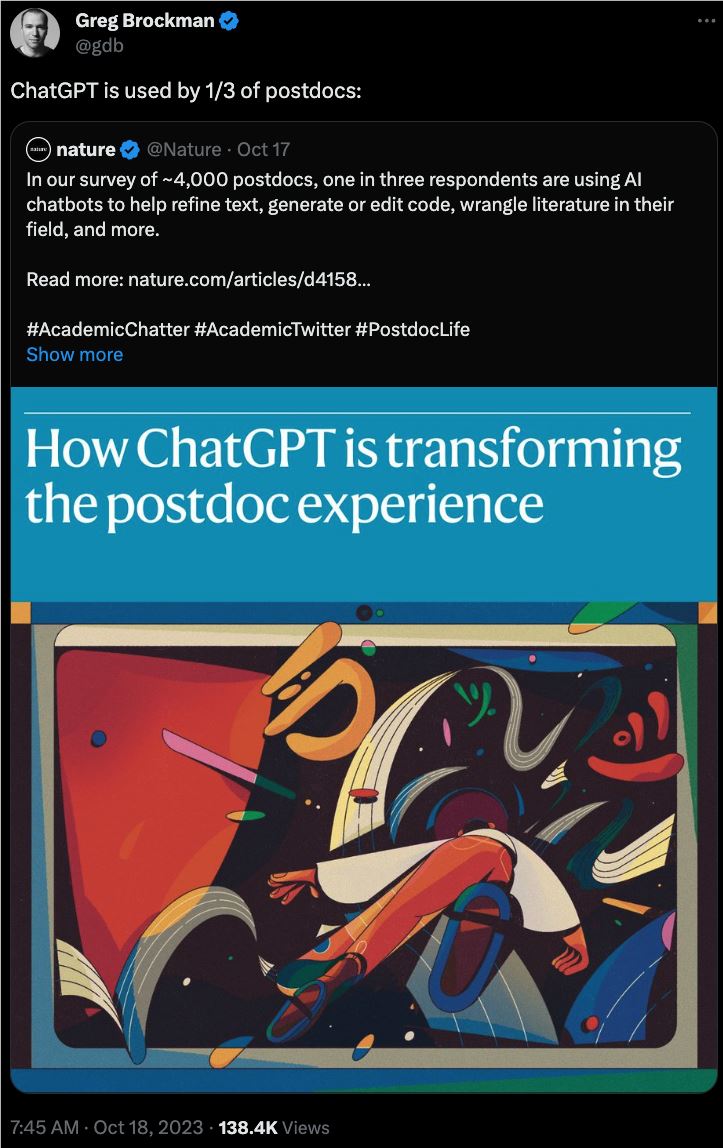 OpenAI主席也转发了这篇文章,作为学术界对于ChatGPT效果的认可的例证 OpenAI主席也转发了这篇文章,作为学术界对于ChatGPT效果的认可的例证