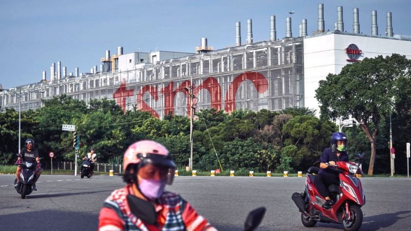 Outside of a TSMC microchip fabrication plant in Taichung