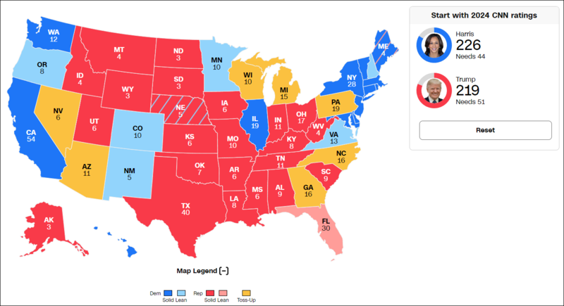 哈里斯和特朗普的铁票仓（深蓝和深红）
